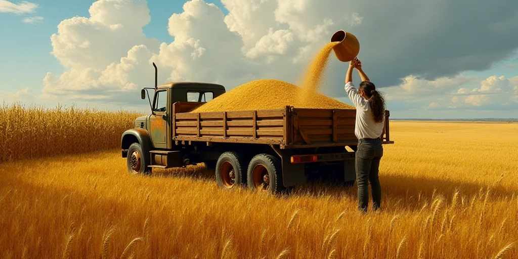a person is pouring grain into a truck bed in a field of wheat and corn stalks in the background, Co