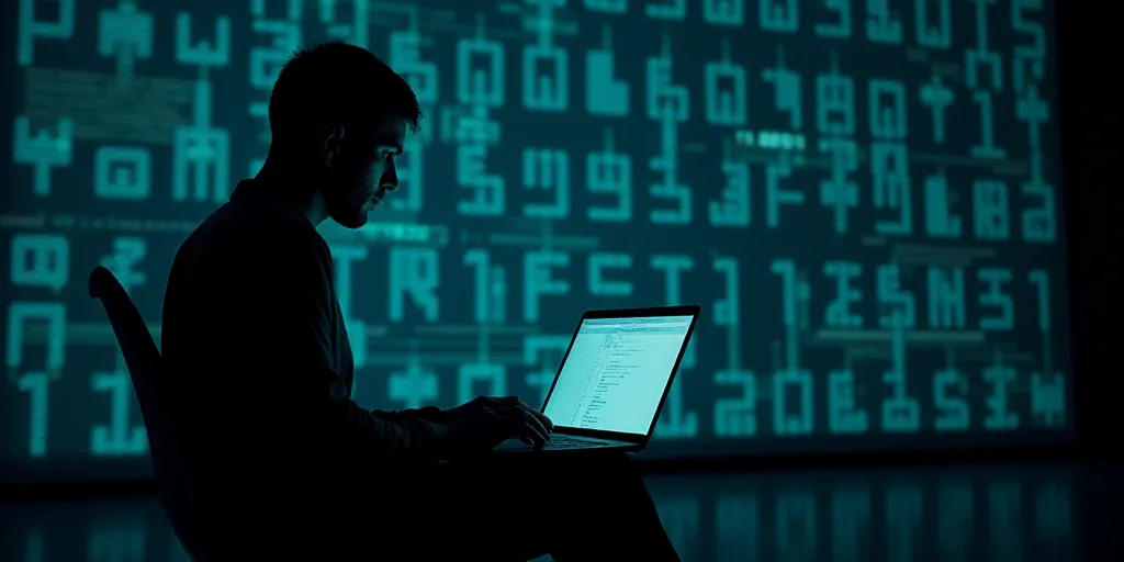 a person is silhouetted against a wall of numbers in a dark room with a laptop on it's lap, Beeple,