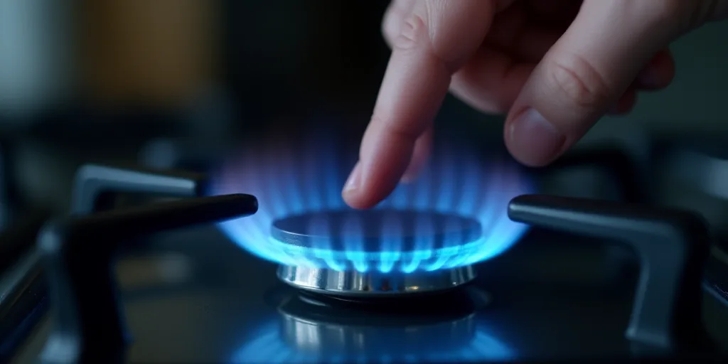 a person is touching a burner on a stove top with a blue flame in the middle of it, Andries Stock, o