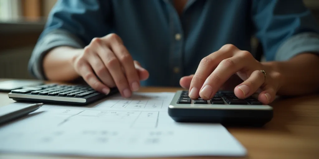 a person is using a calculator and a calculator on a desk with papers and a pen, Evelyn Abelson, dep