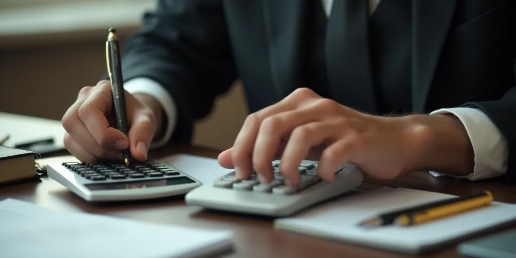 a person is using a calculator and a calculator on a desk with papers and a pen, Evelyn Abelson, dep