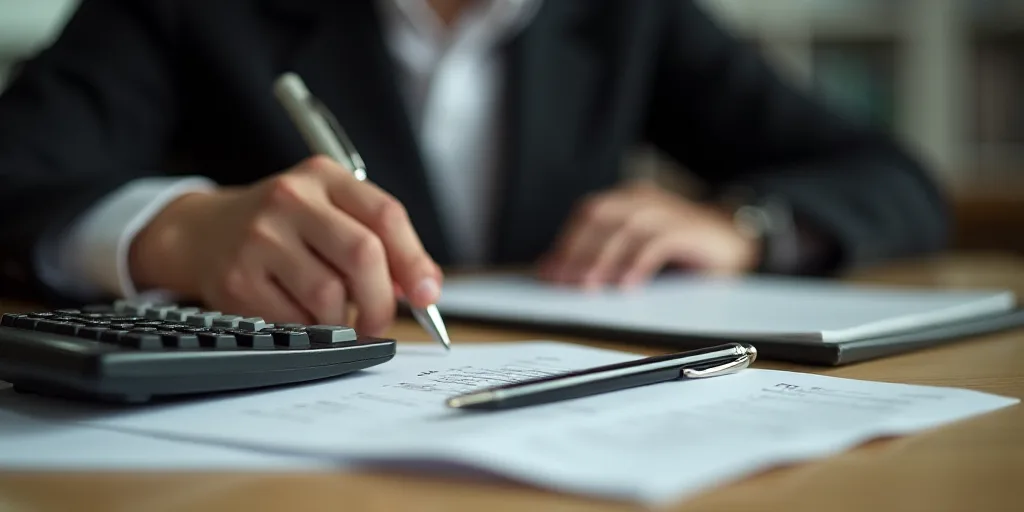 a person is using a calculator and a calculator on a desk with papers and a pen, Evelyn Abelson, dep