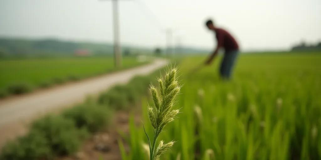 a person is working in a field with a plant in the foreground and a road in the background, Afewerk
