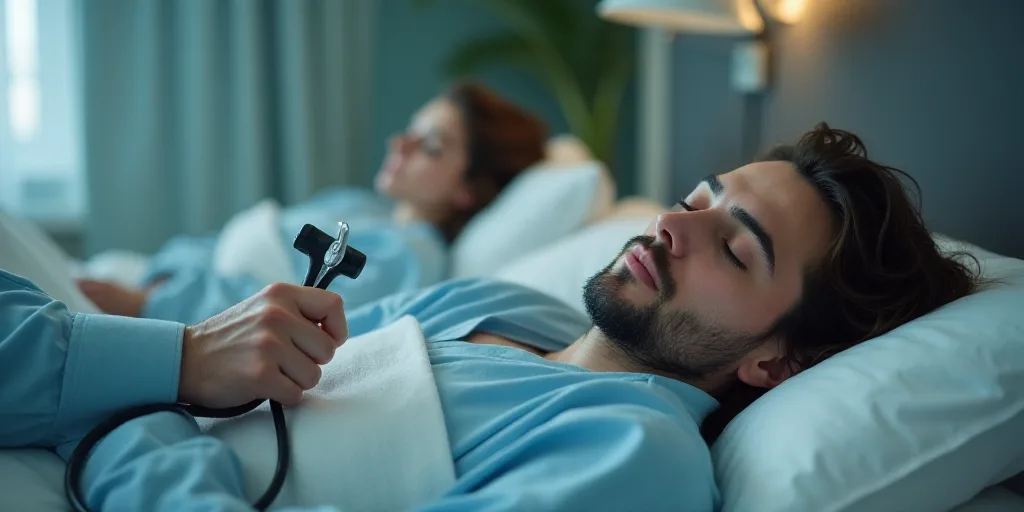 a person laying in bed with a stethoscope in their hand and a person laying on the bed, Aquirax Uno,