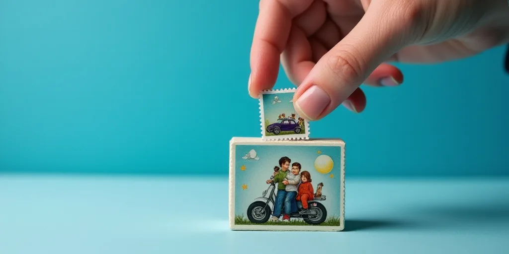 a person placing a stamp on a block with a picture of a family and a car on it, with a blue backgrou