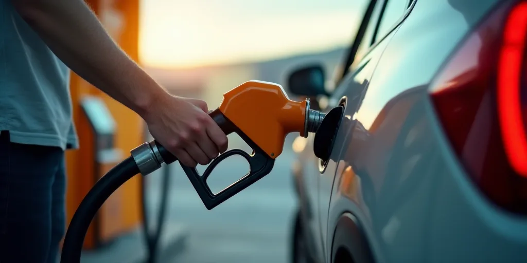 a person pumping gas into a car at a gas station with a gas pump in the background and a gas pump in