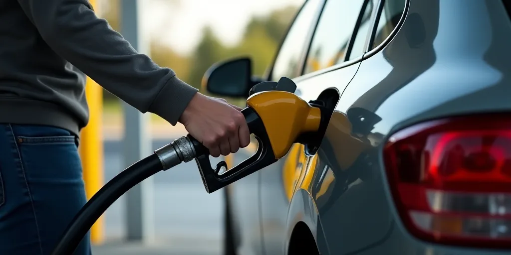 a person pumping gas into a car at a gas station with a gas pump in the background and a gas pump in