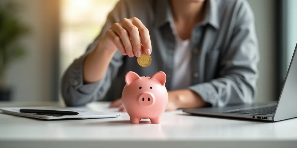 a person putting a coin into a piggy bank on a table with a laptop and a pen in front of them, Andri