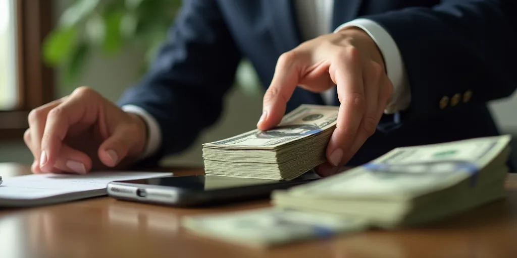 a person reaching for a stack of money on a table with a cell phone and a stack of cash, Charles Fre
