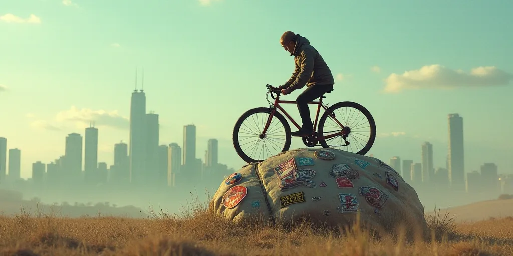 a person riding a bike on top of a bag with stickers on it and a city in the background, Coppo di Ma