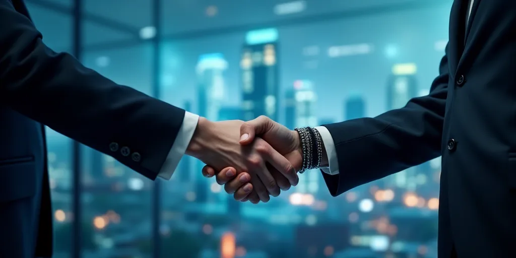 a person shaking another hand with a digital background behind them and a graphic of a building and