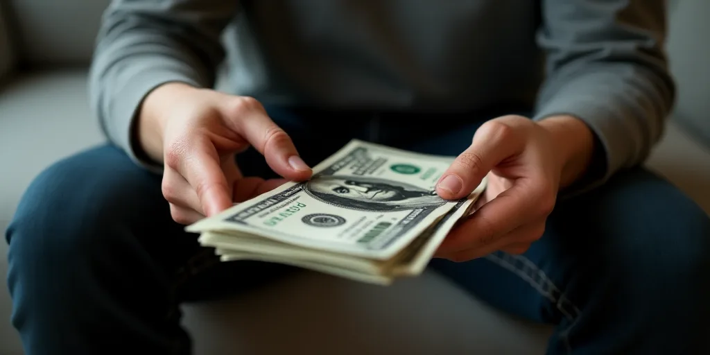 a person sitting on a couch holding a bunch of money in their hands and a hand on the money, Andries