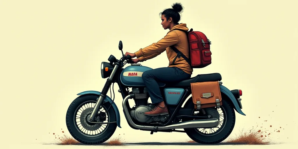 a person sitting on a motorcycle with a book and a backpack on it's back and a logo on the back of t