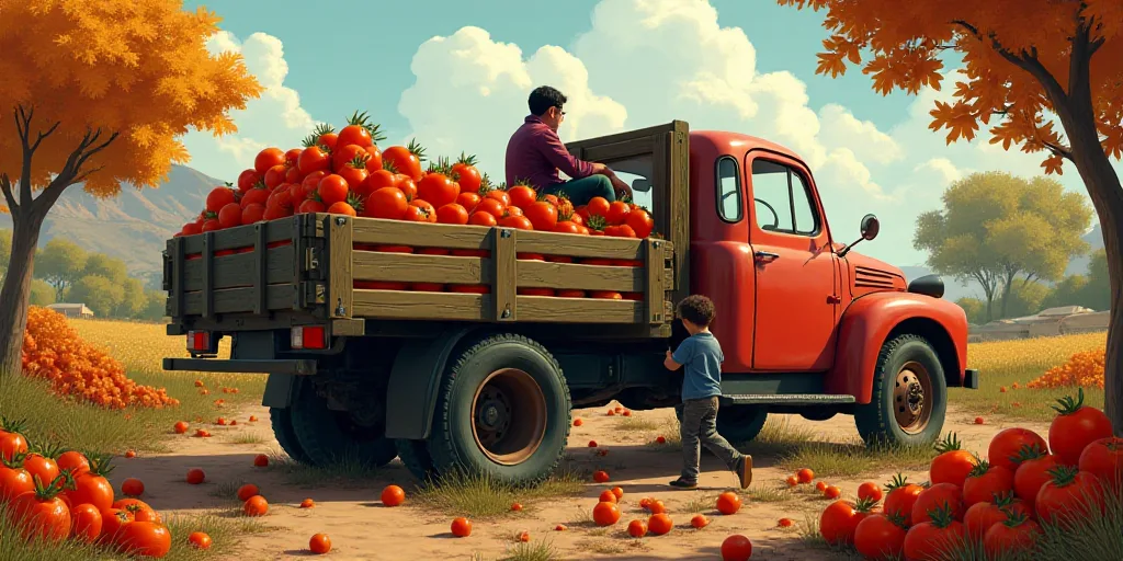 a person sitting on a truck with a crate of tomatoes in it's back yard, with a child looking at the