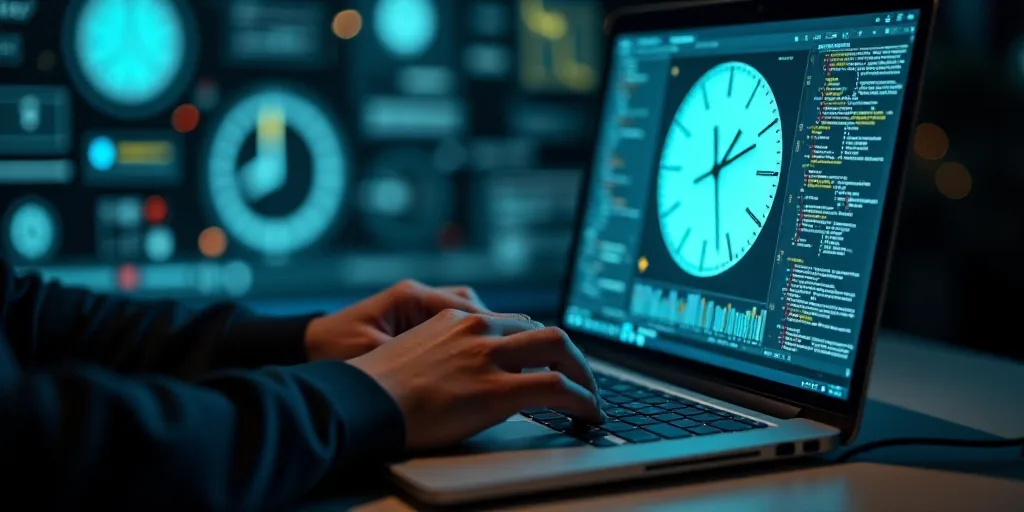 a person typing on a laptop in front of a clock with hands on it and a hand on the keyboard, Dennis