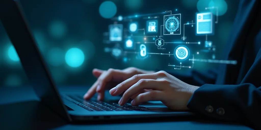 a person typing on a laptop with a keyboard and icons above it that spell out what is important to t