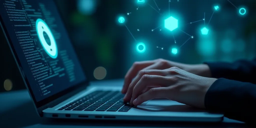 a person typing on a laptop with a symbol on the screen and icons above it that appear to be a symbo