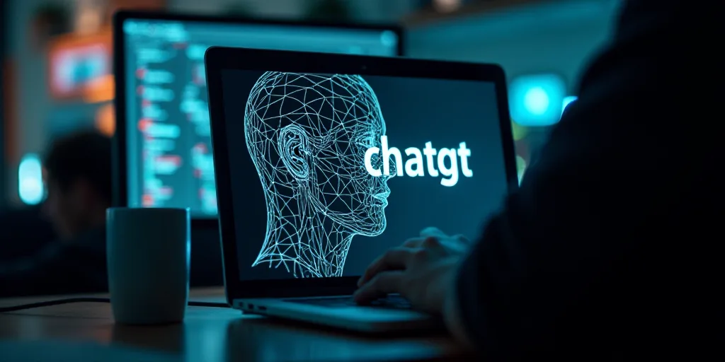 a person using a laptop with a picture of a human head on the screen and the word chatgt on the scre