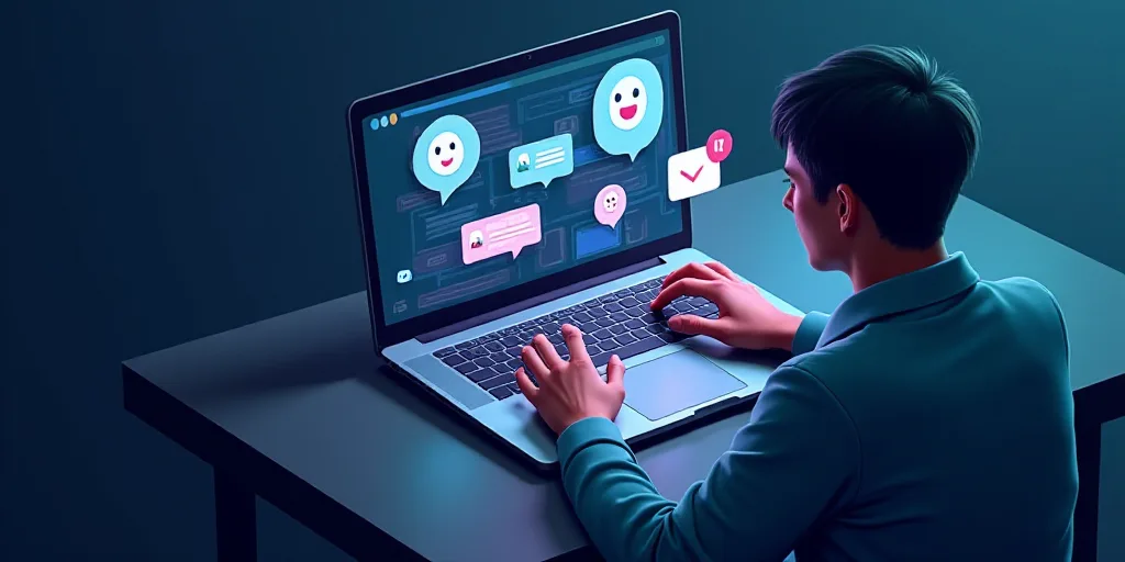 a person using a laptop with chat icons coming out of the screen and a person typing on the keyboard