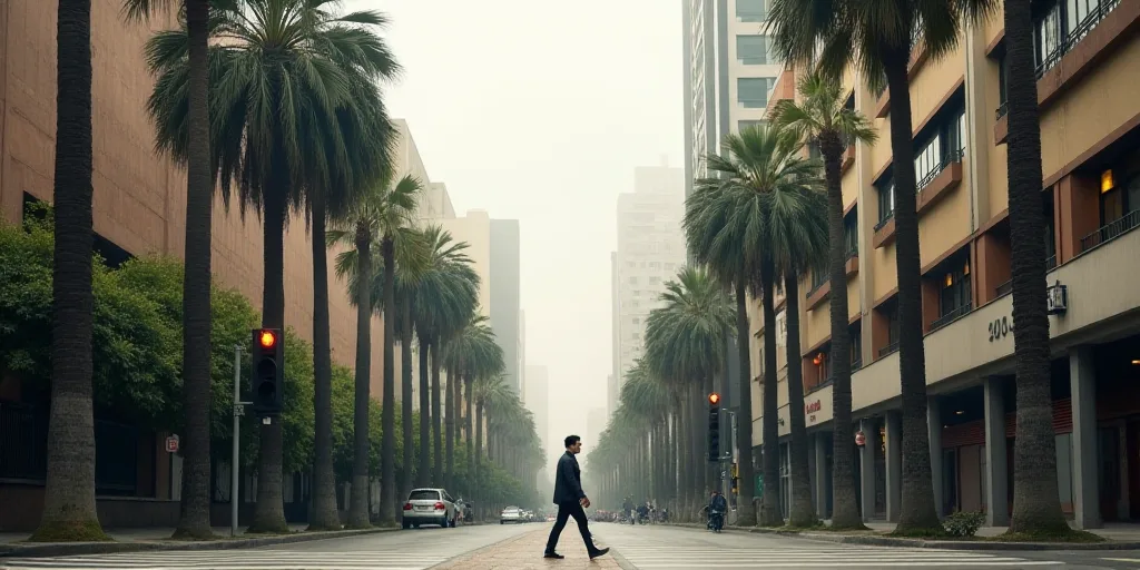 a person walking across a street in front of tall buildings and palm trees in a city with a traffic
