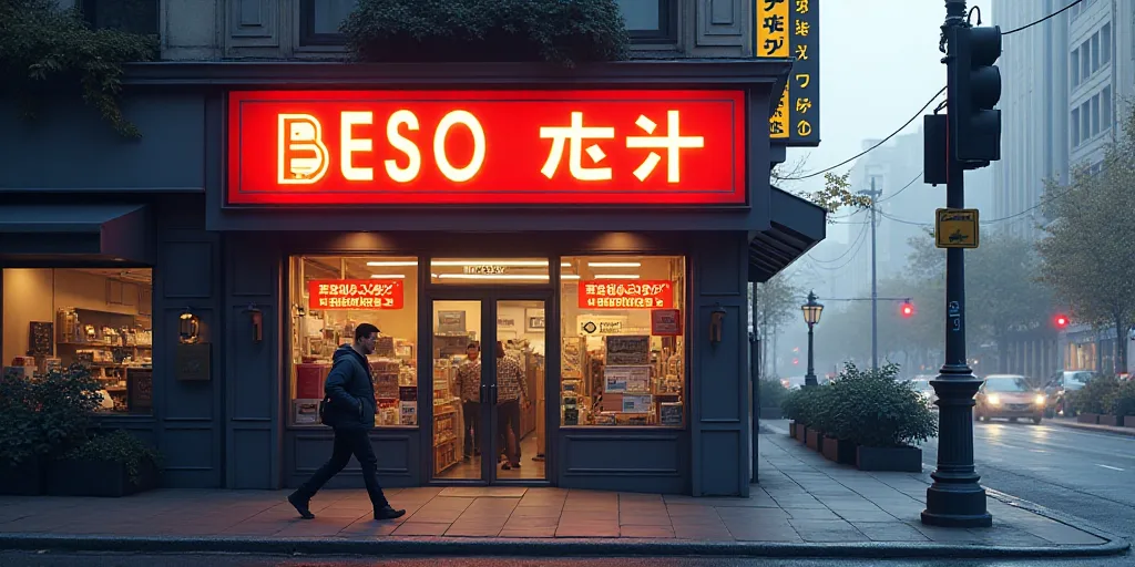a person walking past a sign for a company that sells computers and other electronic equipment in a