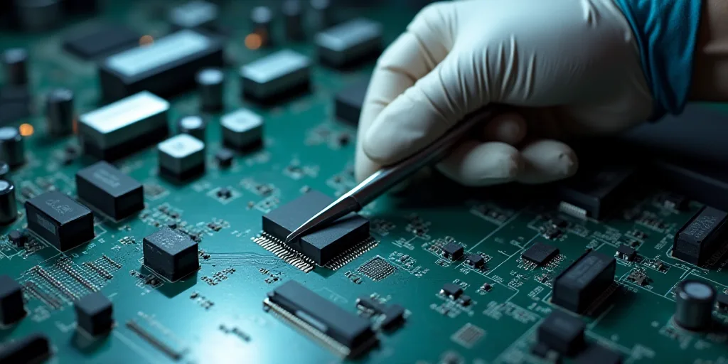 a person wearing gloves and a white glove is working on a computer motherboard with a pair of scisso