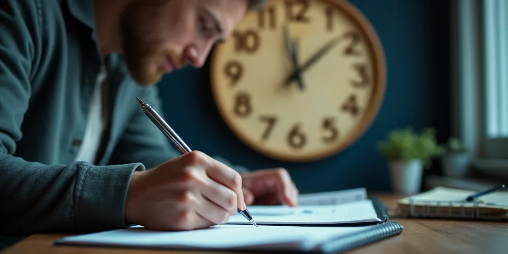 a person writing on a notebook in front of a clock with a pen and paper in front of them, Andries St
