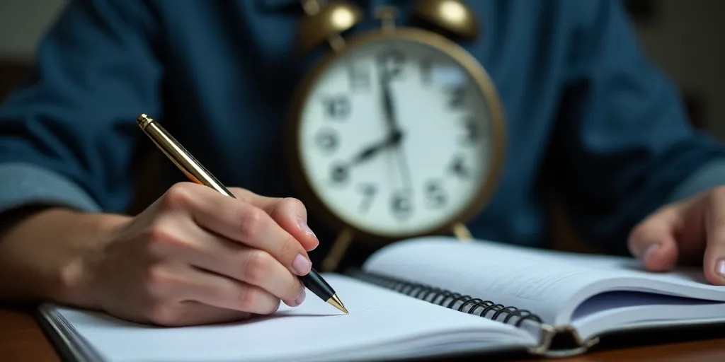 a person writing on a notebook in front of a clock with a pen and paper in front of them, Andries St