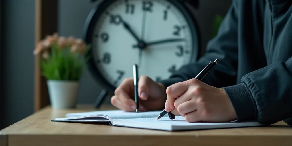 a person writing on a notebook in front of a clock with a pen and paper in front of them, Andries St