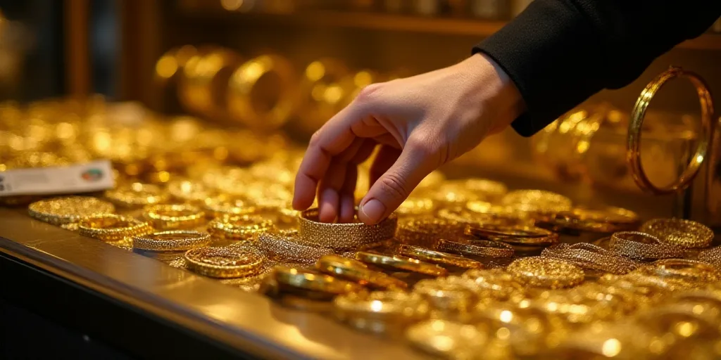 a person's hand on a gold bracelet in a store display case filled with gold jewelry and bracelets, D