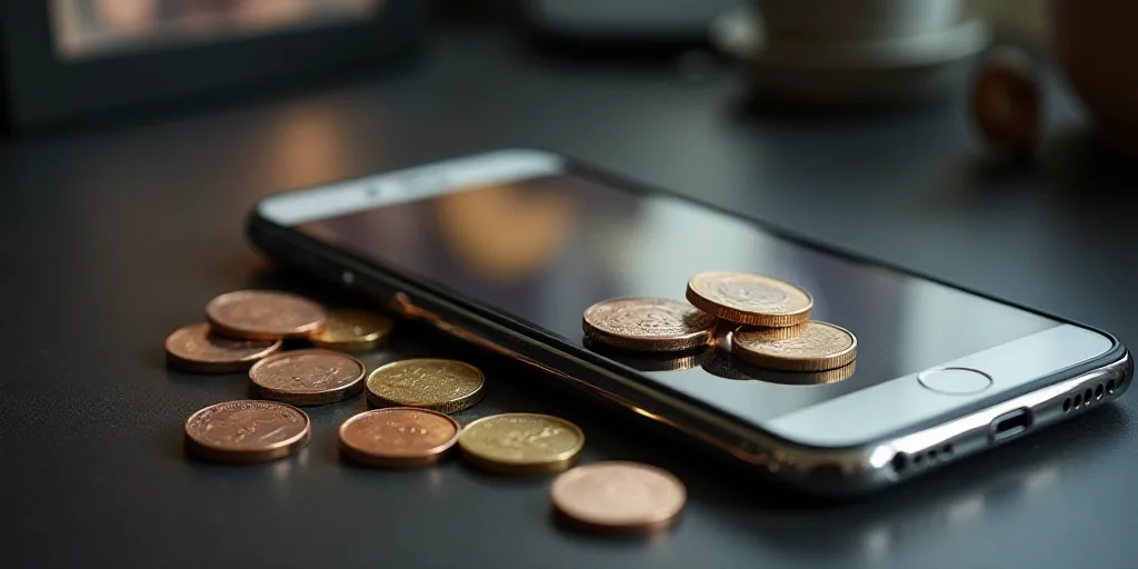 a phone and some money on a table with a phone on it and a bunch of coins on the table, Andries Stoc