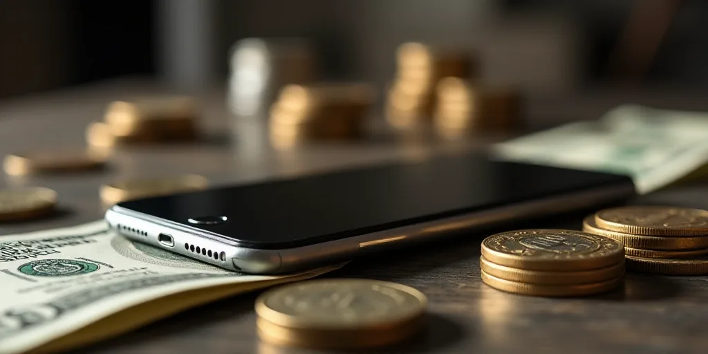a phone and some money on a table with a phone on it and a bunch of coins on the table, Andries Stoc