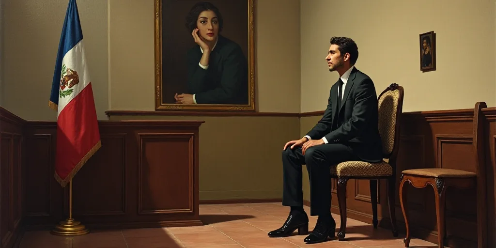 a picture of a woman in a suit on a chair in a church with a flag on it and a picture of a woman in