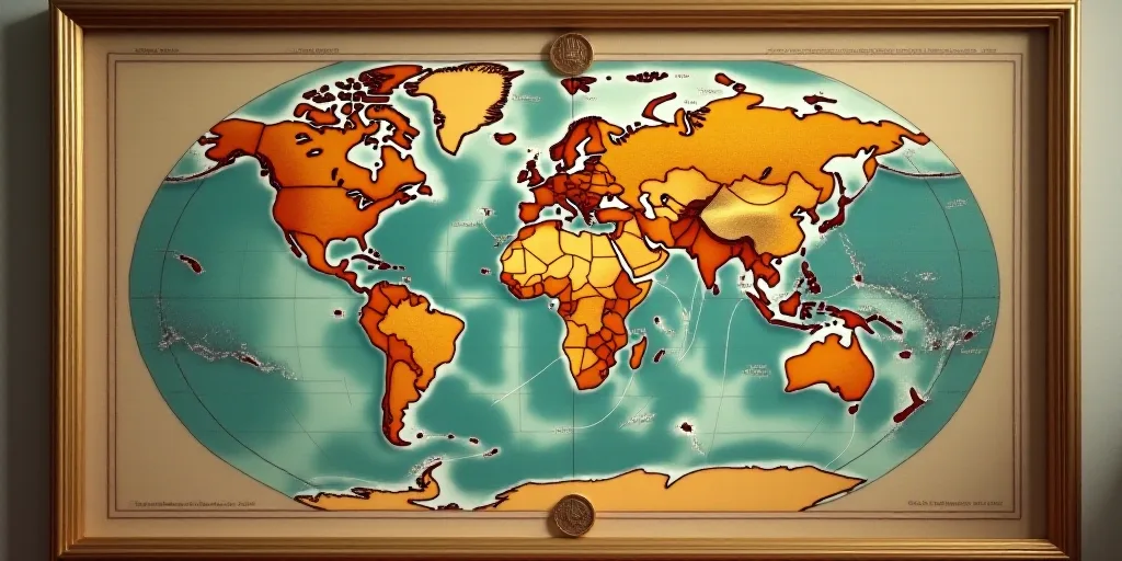 a picture of a world map on a wall with a circular design on it's side and a gold frame, David Firth