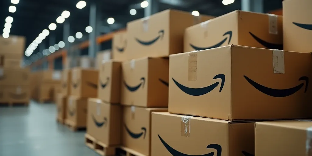 a pile of amazon boxes with amazon logo on them in a warehouse setting with a pallet of boxes, Andri