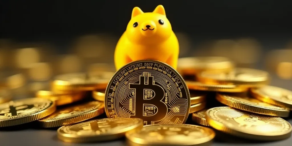 a pile of bitcoins with a yellow cat on top of them and a bitcoin on the bottom, Andries Stock, 16k,