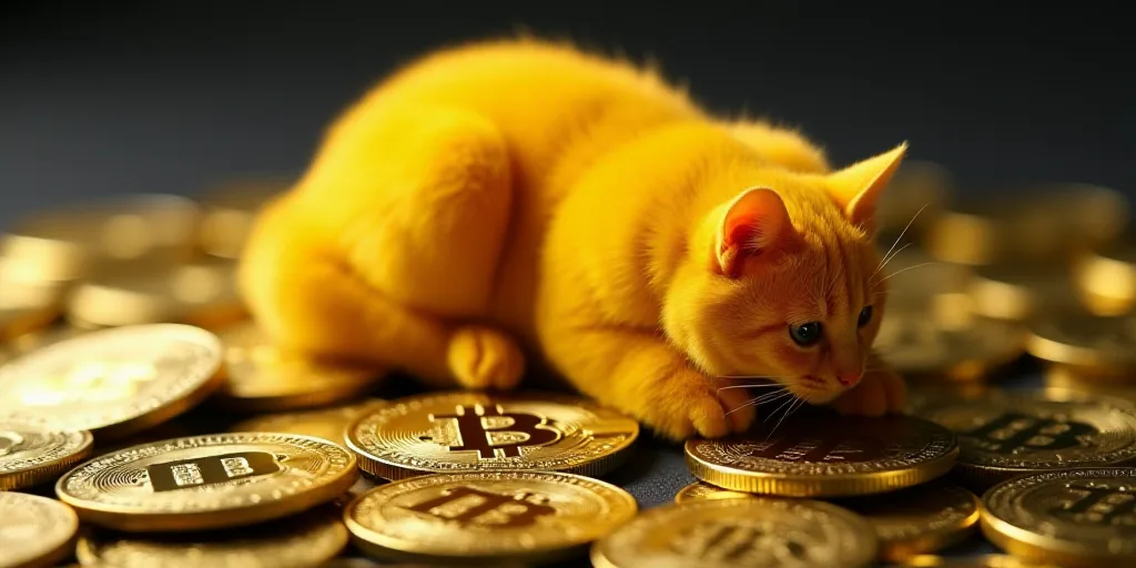 a pile of bitcoins with a yellow cat on top of them and a bitcoin on the bottom, Andries Stock, 16k,