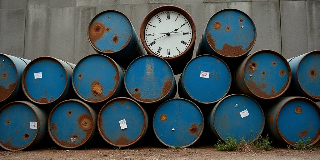 a pile of blue and brown barrels stacked on top of each other with a clock on the top of them, Andri
