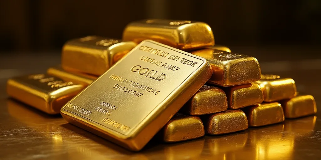 a pile of gold bars sitting next to each other on top of a table with a certificate on top of them,