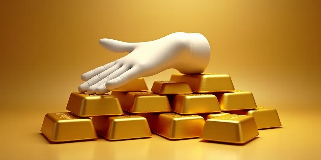 a pile of gold bars with a white glove on top of them and a white glove on top of them, Aya Goda, go
