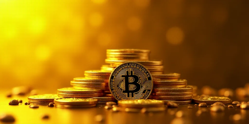 a pile of gold bitcoins sitting on top of each other on a table top with a gold background, Andries