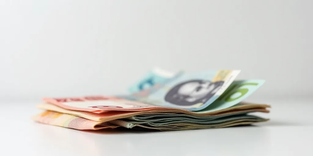 a pile of mexican currency sitting on top of each other on a table top with a white background and a