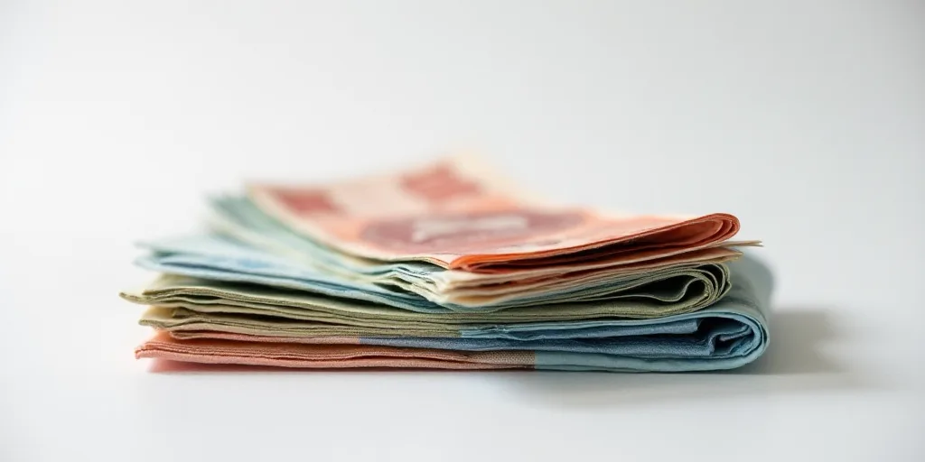 a pile of mexican currency sitting on top of each other on a table top with a white background and a