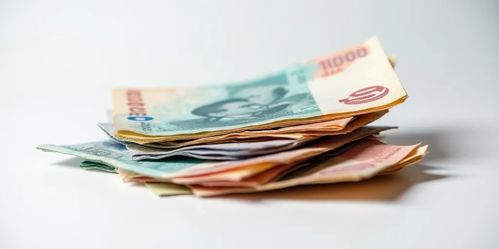 a pile of mexican currency sitting on top of each other on a table top with a white background and a