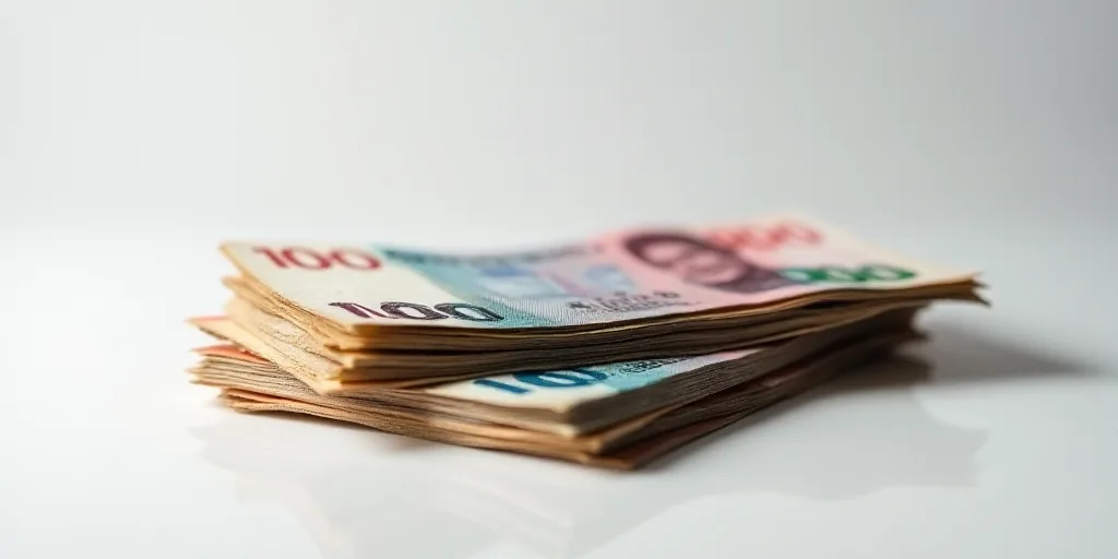 a pile of mexican currency sitting on top of each other on a table top with a white background and a