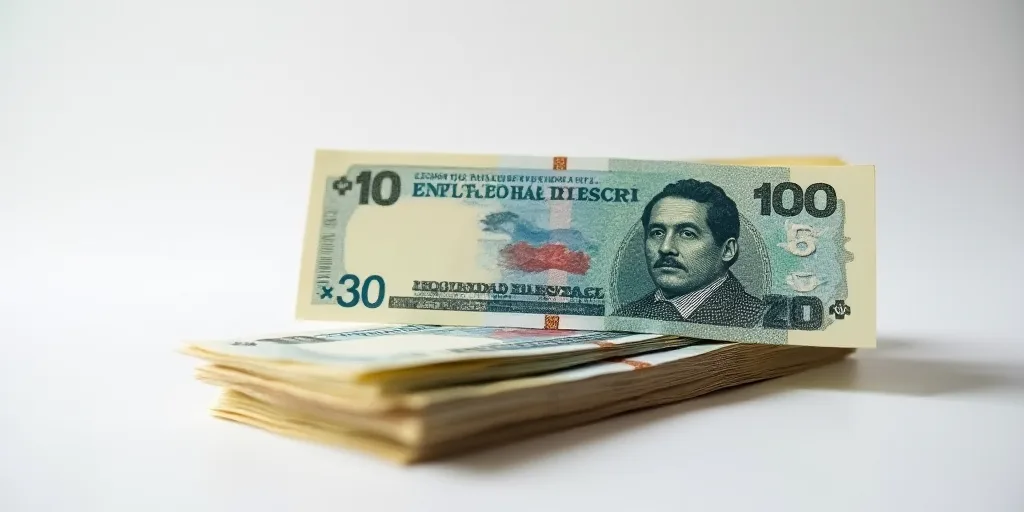 a pile of mexican currency sitting on top of each other on a table top with a white background and a