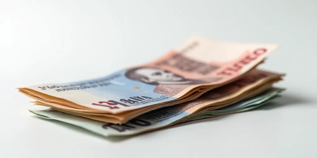 a pile of mexican currency sitting on top of each other on a table top with a white background and a