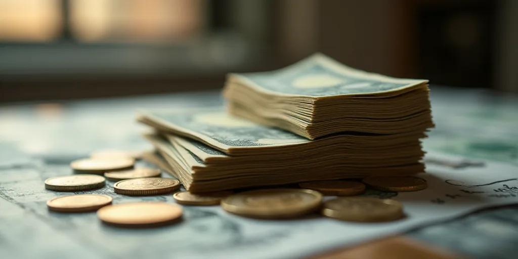 a pile of money sitting on top of a table next to a pile of coins on top of a table, Avgust Černigo