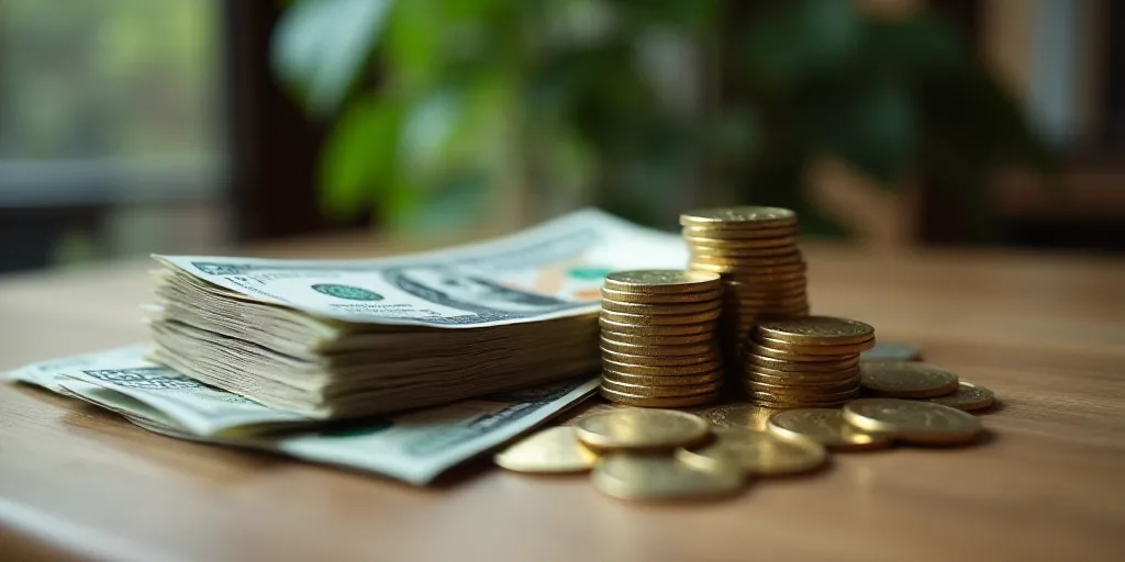 a pile of money sitting on top of a table next to a pile of coins on top of a table, Avgust Černigo