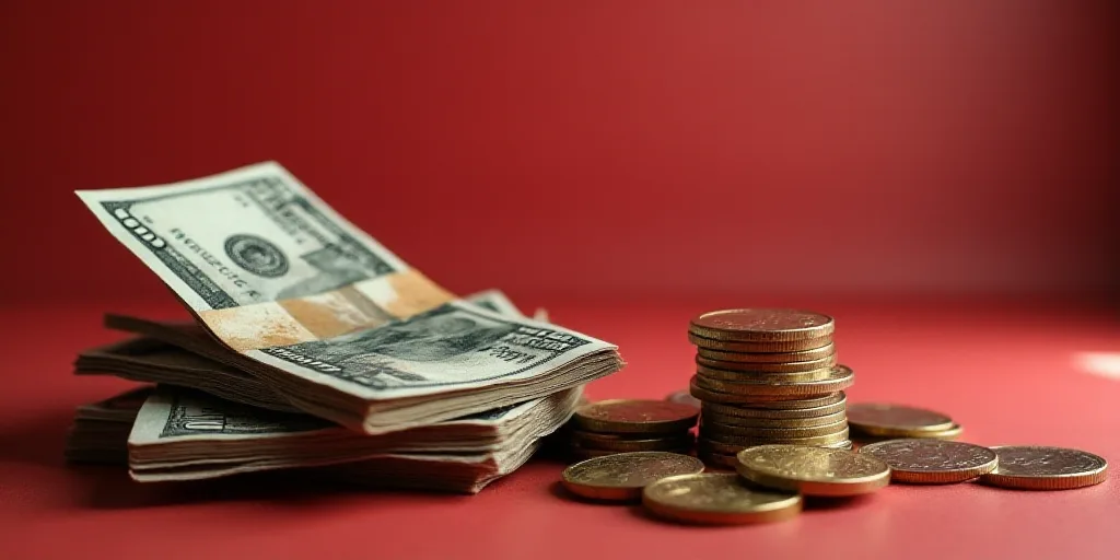 a pile of money sitting on top of a pile of coins on top of a table next to a pile of money, Carlos